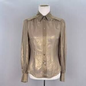 Karen Millen Gold Sheer Lamé Button Down Blouse, Size 2